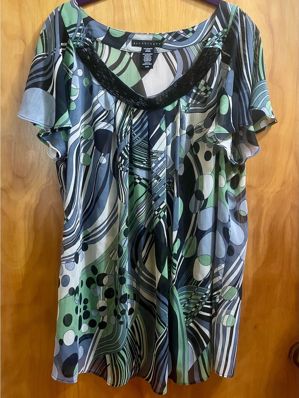 Apostrophe Blue, Green & Black Abstract Flutter Sleeve Blouse